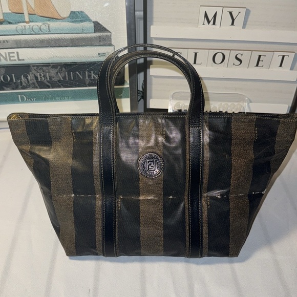SOLD- Fendi, Pequin Stripes PVC Handbag Tote 14in  x 7.5in x 6in - Picture 3 of 10